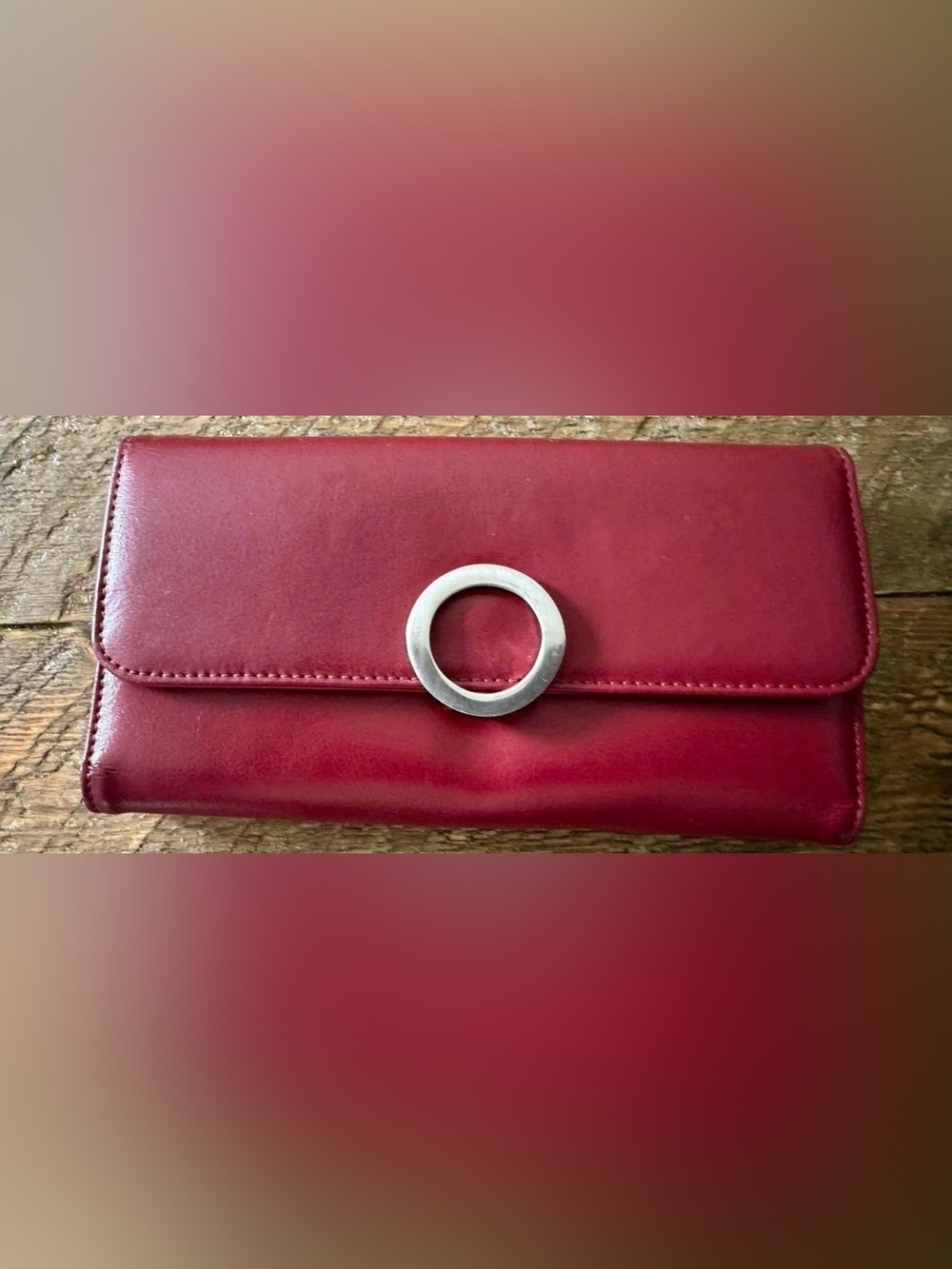 Women’s Wilson Leather Red Leather Clutch Wallet with Silver Ring Accent